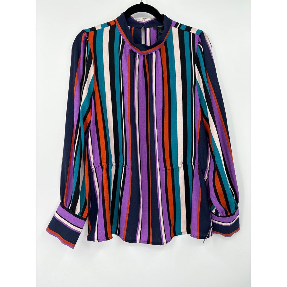 Halogen Mock Neck Long Sleeve Blouse Striped Purple Multi-Color 1X NEW